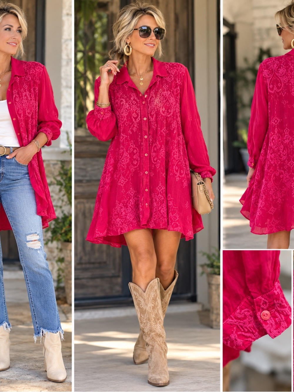 Women's Fuchsia Button-Front Tunic Shirt Dress, Johnny Was